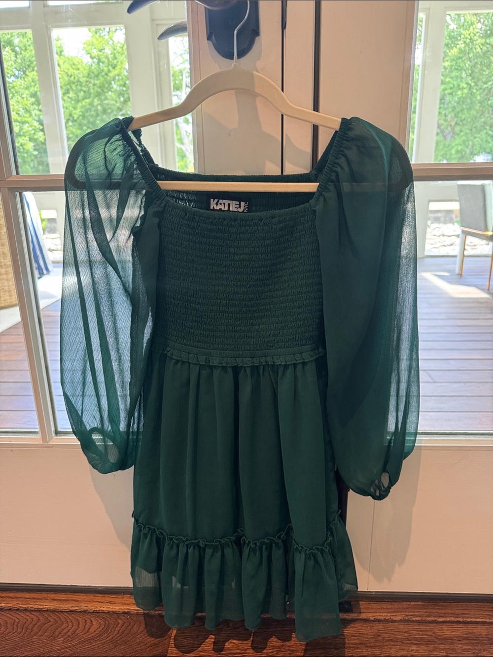 Katie J NYC Girls Deep Emerald Puff Sleeve Smocked Dress